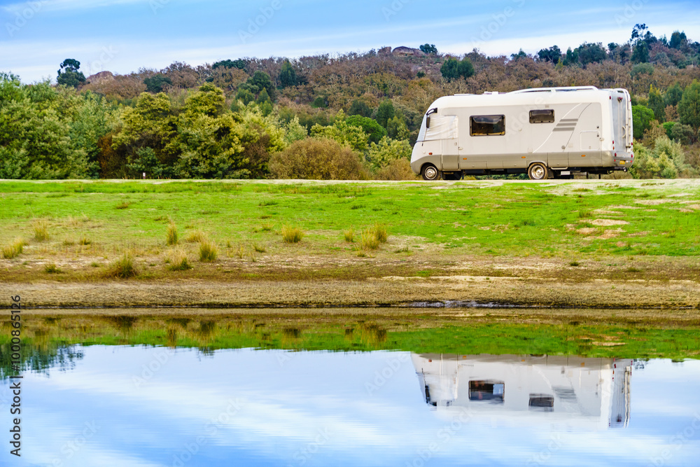 Camper rv camping at lake shore. Alentejo Portugal. Camper rv camping at lake shore. Alentejo Portugal.