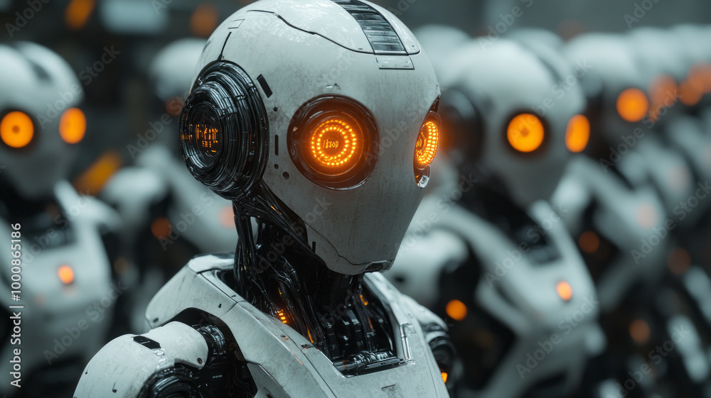 Fototapeta premium Futuristic robots with glowing eyes in precise formation