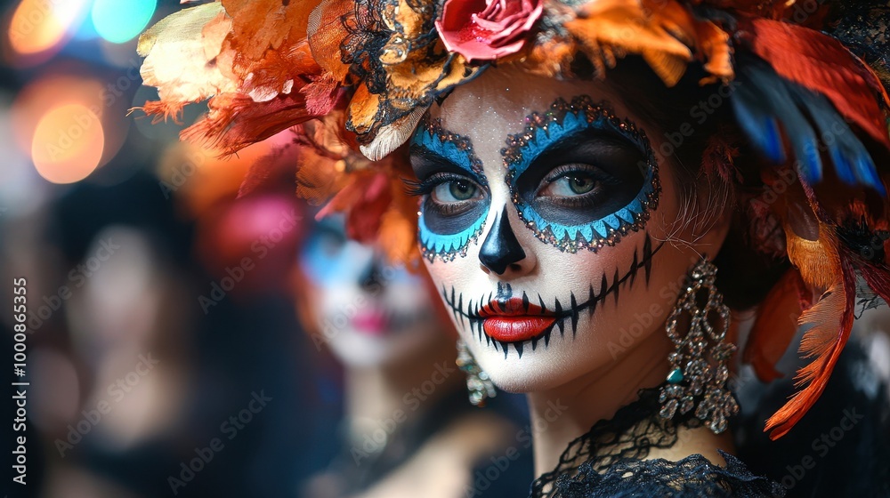A woman displays vibrant makeup and a colorful floral headdress, exuding a festive, cultural vibe, Ideal for use in articles about celebrations, culture, or Halloween-themed designs, A woman displays vibrant makeup and a colorful floral headdress, exuding a festive, cultural vibe, Ideal for use in articles about celebrations, culture, or Halloween-themed designs,