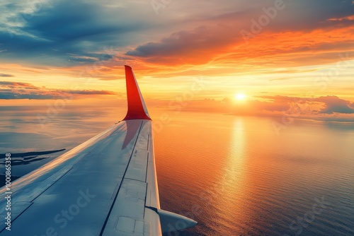 Airplane flight in sunset sky over ocean water and wing of plane. View from the window of the Aircraft. Traveling in air - generative ai