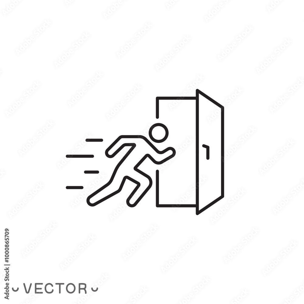emergency exit icon, fire door, safe way, escape, thin line symbol isolated on white background, editable stroke eps 10 vector illustration emergency exit icon, fire door, safe way, escape, thin line symbol isolated on white background, editable stroke eps 10 vector illustration