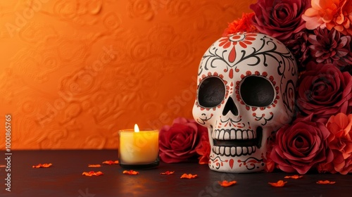 Colorful skull decoration with roses and candle on a vibrant background.