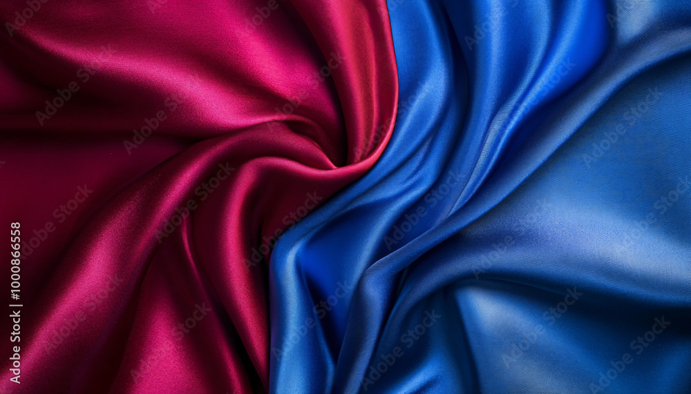 Fototapeta premium Close-up of flowing, luxurious silk fabric in rich colors like deep red or royal blue, creating a smooth and elegant texture