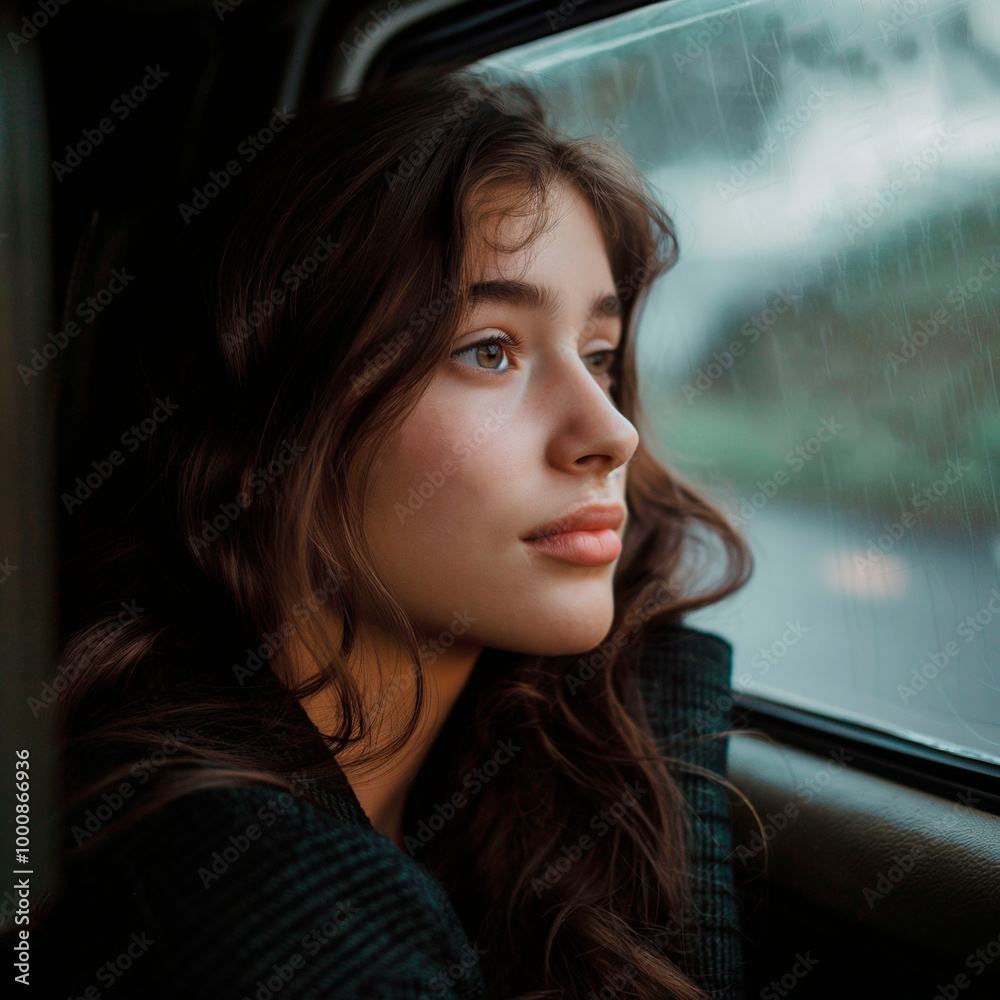 Young woman with thoughtful expression looking out of a car window on a rainy day Young woman with thoughtful expression looking out of a car window on a rainy day