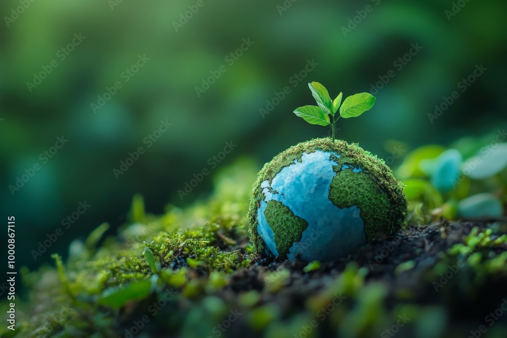 Small plant growing on globe covered in moss symbolizing environmental conservation Small plant growing on globe covered in moss symbolizing environmental conservation