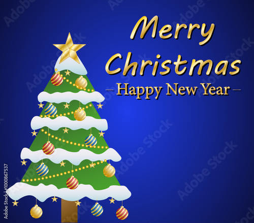 Felicitación de navidad y año nuevo azul con árbol de navidad con estrellas, nieve, y bolas de navidad