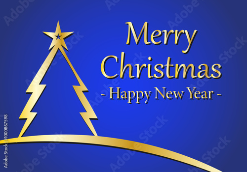 Felicitación azul de navidad y año nuevo con abeto dorado