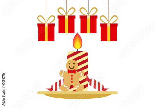 Ornamentación navideña con vela dorada, galleta de jengibre, bastones de caramelo y regalos rojos y amarillos