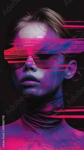 Futuristic Neon Portrait of Woman with Sunglasses in Digital Art Style - a high end fashion shoot Neon purple and neon blue. Portrait of a Woman.