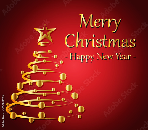 Felicitación roja de navidad con abeto o pino navideño dorado y estrella de feliz navidad y año nuevo
