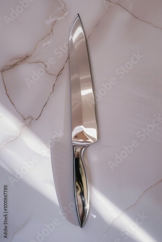 big shiny kitchen knife, light background - Stainless Steel Chef Knife on Marble Surface with Natural Light Reflection