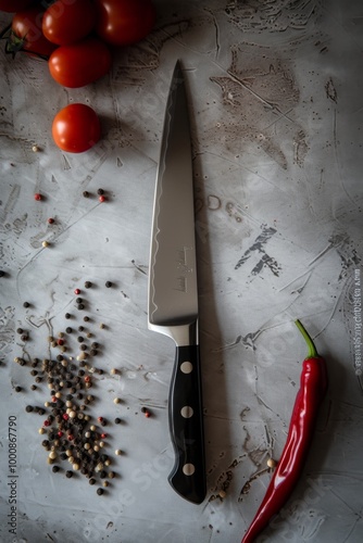 Professional Chef Knife with Tomatoes, Peppercorns, and Chili Pepper on a Textured Surface