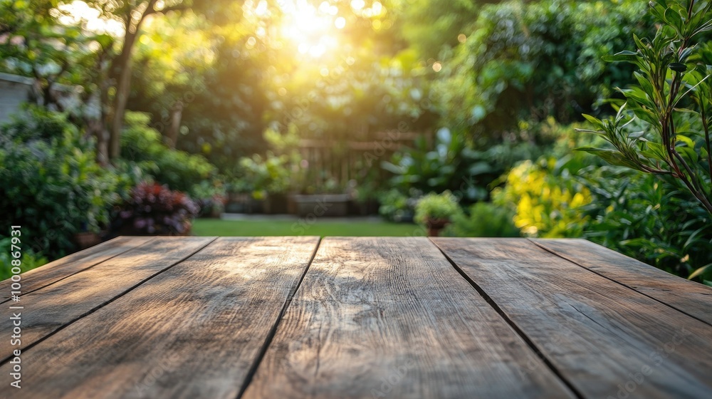 Wooden table under a canopy of green trees in a backyard garden, set for outdoor dining and parties Wooden table under a canopy of green trees in a backyard garden, set for outdoor dining and parties