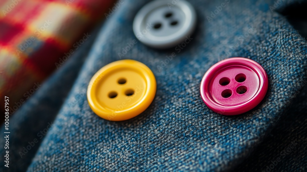 A red, orange, and yellow button on a plaid fabric. A red, orange, and yellow button on a plaid fabric.