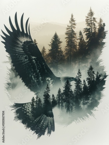 Paper Cutout Double Exposure - Majestic Eagle in Flight: Double Exposure with Forest Landscape