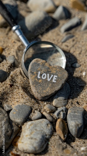 Love on the Beach: Heart-Shaped Stone with Love Engraving in Sand