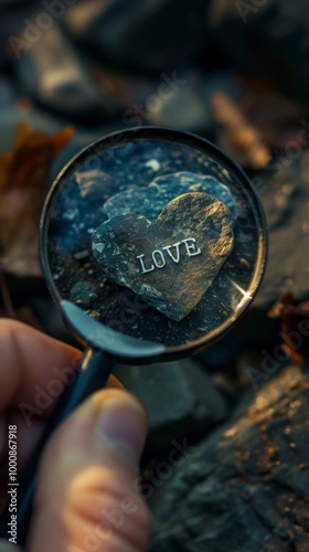 Magnifying Love: Heart-Shaped Stone Close-Up with Focus on Love