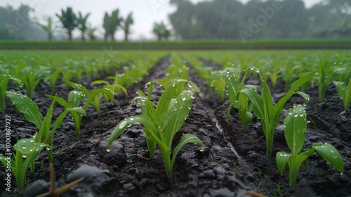 Rice fields, seedlings - Rainy Day on Fresh Green Crops in Agricultural Field