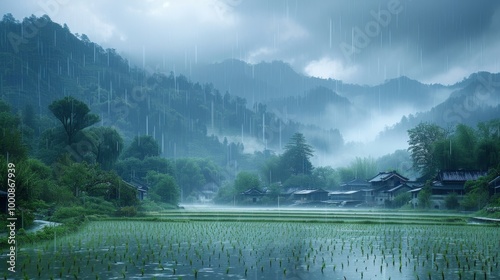 Rainy Day Over Green Rice Terraces in Mountain Village