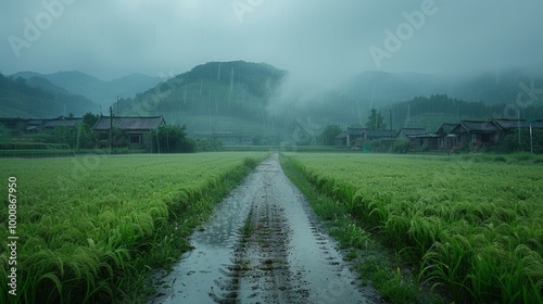 Lush Rice Fields in rain during Qingming Festival in China