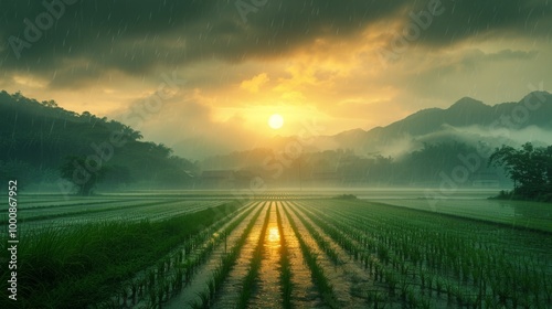Serene Sunrise Over Lush Rice Fields in Rain during Qingming Festival in China