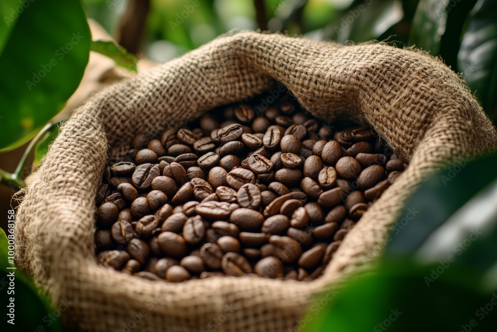 Fototapeta premium Freshly roasted coffee beans are resting in a burlap sack. This image showcases the natural beauty and aroma of coffee culture. Perfect for coffee lovers. Generative AI