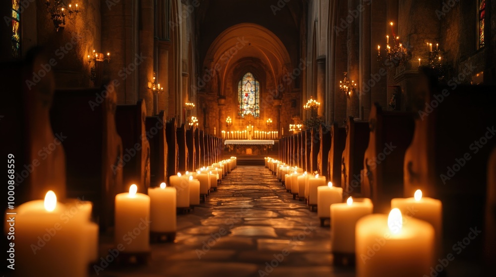Rows of candles lighting the path to a distant altar, symbolizing prayer and reflection in a church setting. Rows of candles lighting the path to a distant altar, symbolizing prayer and reflection in a church setting.