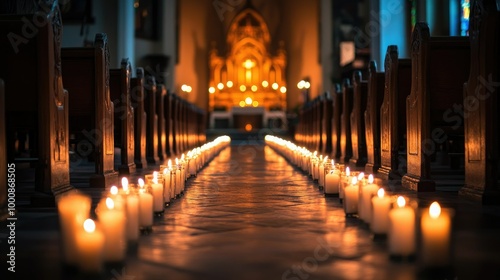 Rows of candles lighting the path to a distant altar, symbolizing prayer and reflection in a church setting.