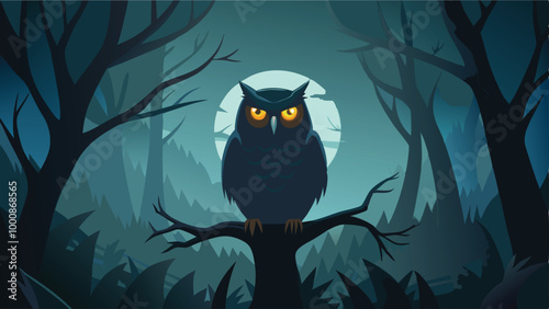 Print Spooky Owl Perched on a Dead Tree Branch for Halloween Background Vector Art Design