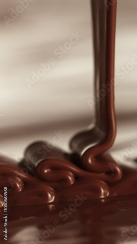 Super Slow Motion of Pouring Hot Melted Chocolate, Filmed on High Speed Cinema Camera, 1000 fps. Extreme Macro Shot, Vertical Composition.