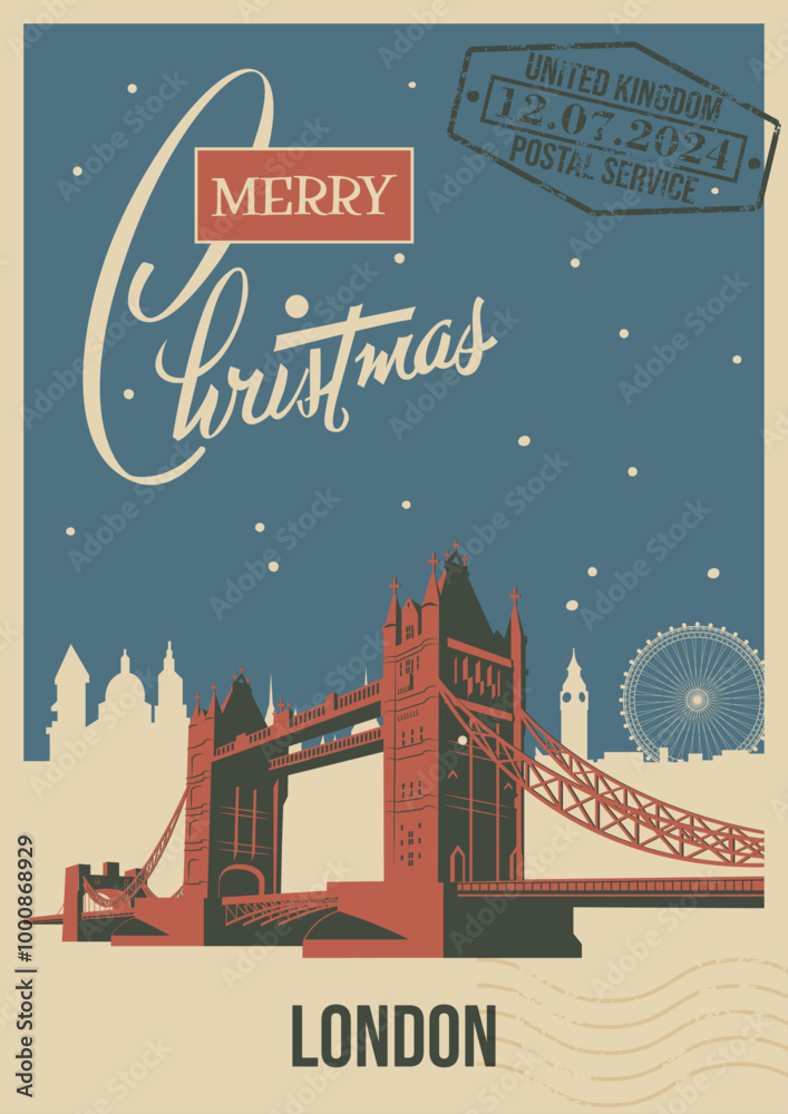 Fototapeta premium Merry Christmas Greeting Card Retro Style, London Landmarks, Tower Bridge, Cityscape, Snowfall. Vintage Postcard Style Illustration 
