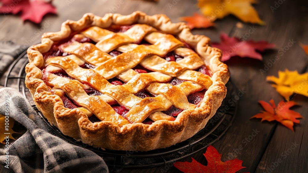 A freshly baked pie on a cooling rack, surrounded by autumn leaves. A freshly baked pie on a cooling rack, surrounded by autumn leaves.