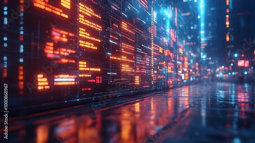 Futuristic city street with glowing digital code on the wall.