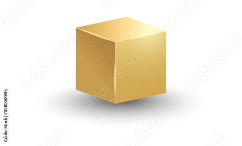 3d gold metallic cube. Realistic vector geometric shape. Golden glossy box with shadow