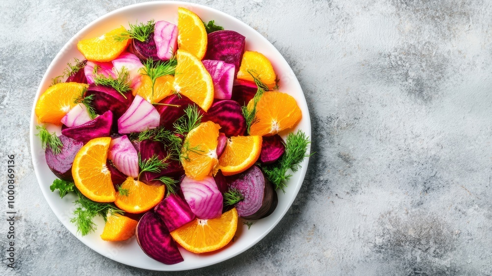 Colorful citrus beetroot salad on rustic table Colorful citrus beetroot salad on rustic table