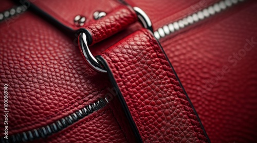 Red luxury leather handbag details. High class fashion item, emphasizing clean design and sophistication. Leather texture details.