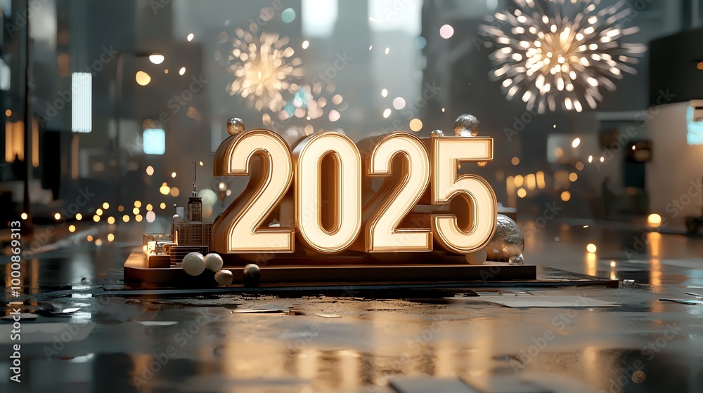 Glowing 2025 text over a dark modern city backdrop, fireworks and neon lights, 3D illustration Glowing 2025 text over a dark modern city backdrop, fireworks and neon lights, 3D illustration