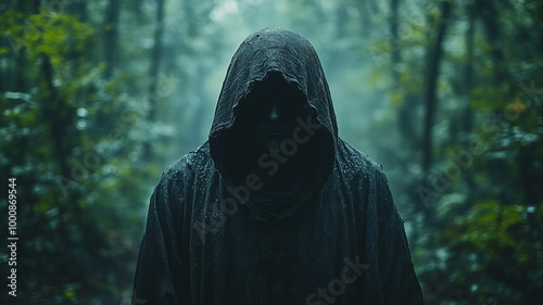 Person wearing a cloak hoodie in the deep forest at night, horror movie scene featuring a man in black clothes in the dark jungle at night