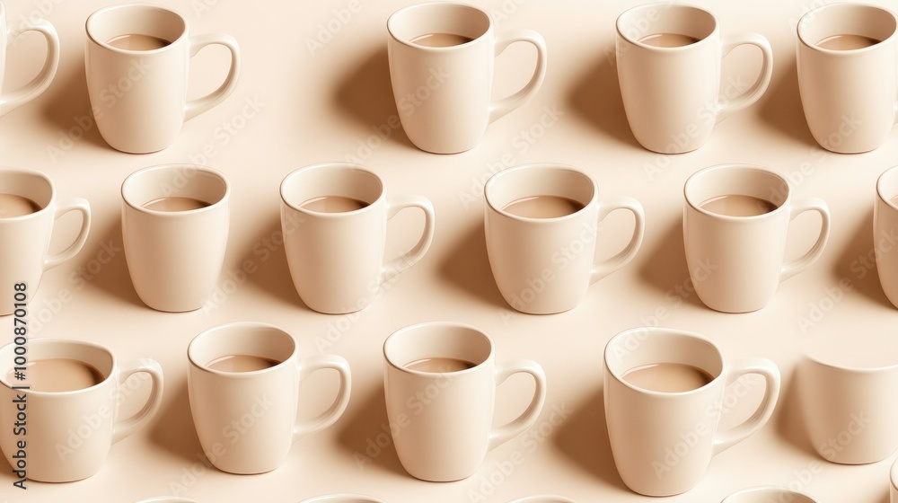 Stylish display of beige coffee cups arranged in rows, set against a neutral background for branding mockups. Stylish display of beige coffee cups arranged in rows, set against a neutral background for branding mockups.
