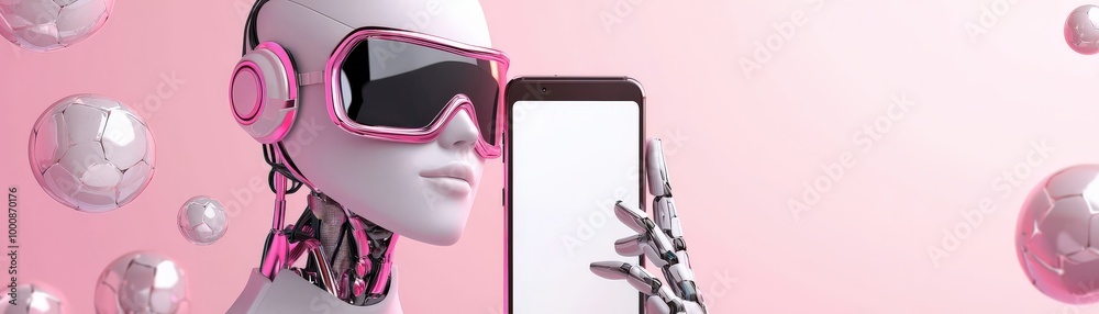 AI analyzing skin conditions via smartphone, a futuristic mannequin with a digital aesthetic, wearing stylish glasses and headphones, holds a smartphone against a pink background with bubbles. AI analyzing skin conditions via smartphone, a futuristic mannequin with a digital aesthetic, wearing stylish glasses and headphones, holds a smartphone against a pink background with bubbles.