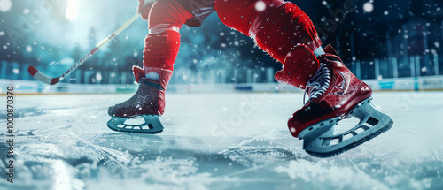 Wallpaper Mural Close up of skates, stick of hockey player at the ice rink arena in motion. Hockey competition at ice stadium. Winter professional hockey tournament. Generative ai Torontodigital.ca