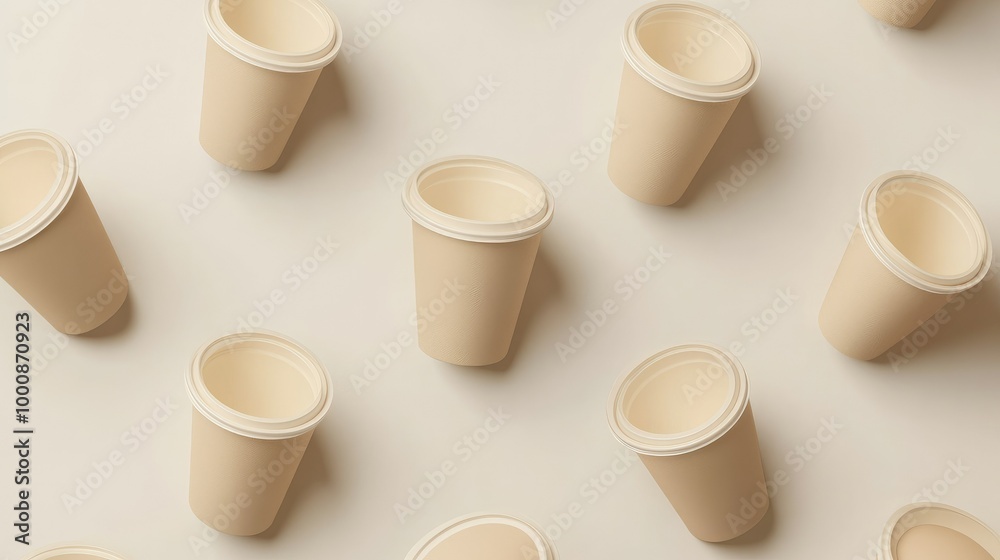 Top view of beige coffee cups arranged on a smooth surface, creating a stylish, clean mockup for branding. Top view of beige coffee cups arranged on a smooth surface, creating a stylish, clean mockup for branding.