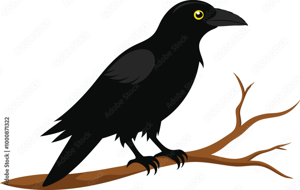 Fototapeta premium Black crow standing on a branch with its beak slightly open, feathers detailed