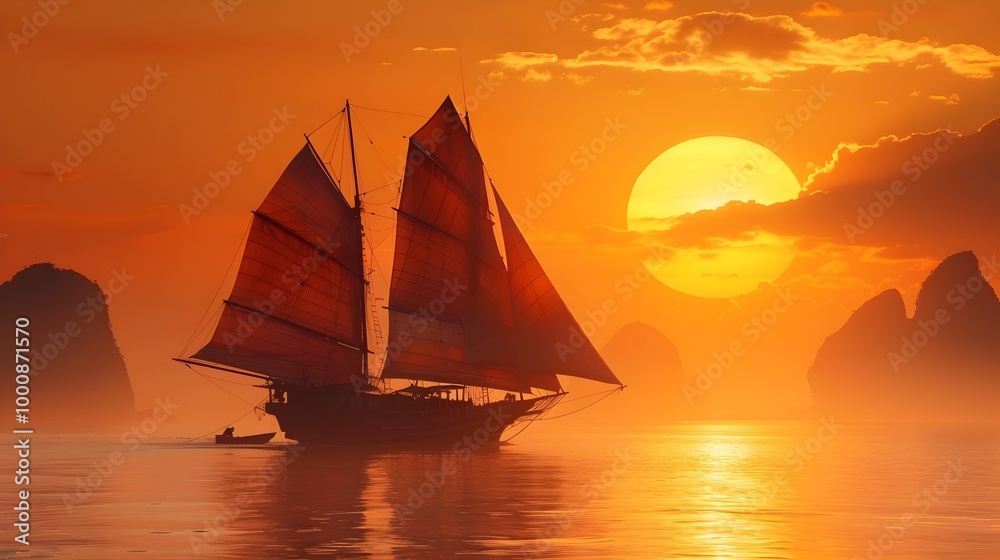 Fototapeta premium Breathtaking Sunset Over Serene Tropical Seascape with Sailing Boats