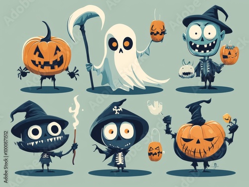 2408 3.A detailed vector set of Halloween characters, including the grim reaper with a scythe, a floating ghost, a grinning carved pumpkin, and a Frankenstein monster, all dressed in party costumes.