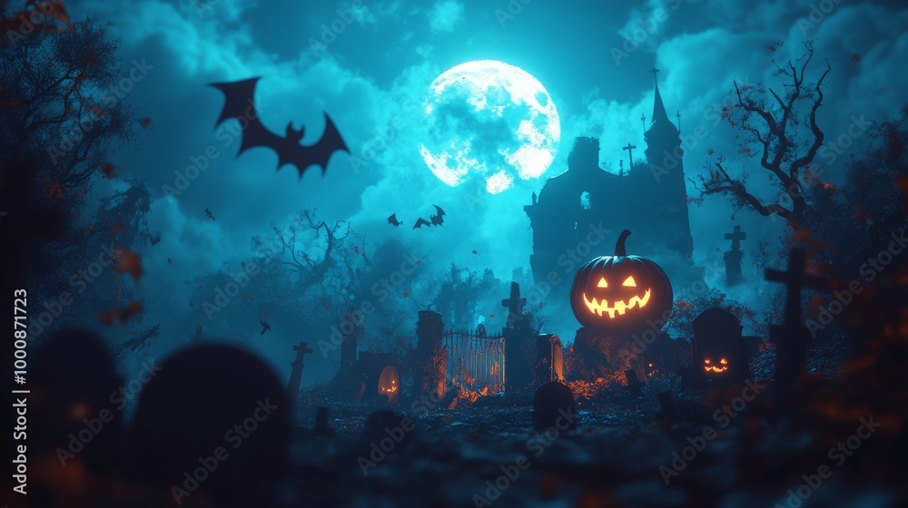 2408 6.A haunted Halloween scene with dark, twisted trees and a glowing full moon illuminating a spooky graveyard. Shadowy figures of ghosts and bats fly across the sky, while a carved pumpkin with a 2408 6.A haunted Halloween scene with dark, twisted trees and a glowing full moon illuminating a spooky graveyard. Shadowy figures of ghosts and bats fly across the sky, while a carved pumpkin with a