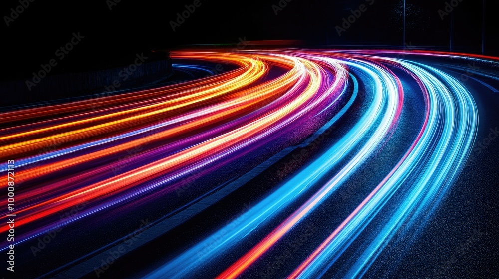 Vivid light trails on a black background, symbolizing fast data transfer and optical internet speed. Vivid light trails on a black background, symbolizing fast data transfer and optical internet speed.