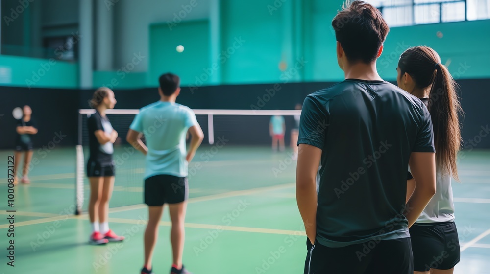 Two badminton players watch a game in progress. Two badminton players watch a game in progress.