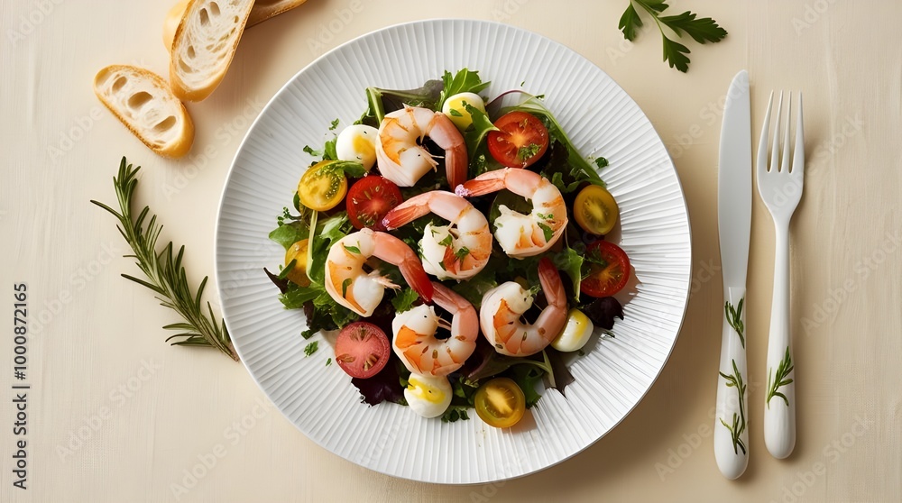 A fresh shrimp salad with tomatoes, herbs, and bocconcini served on a white plate. A fresh shrimp salad with tomatoes, herbs, and bocconcini served on a white plate.