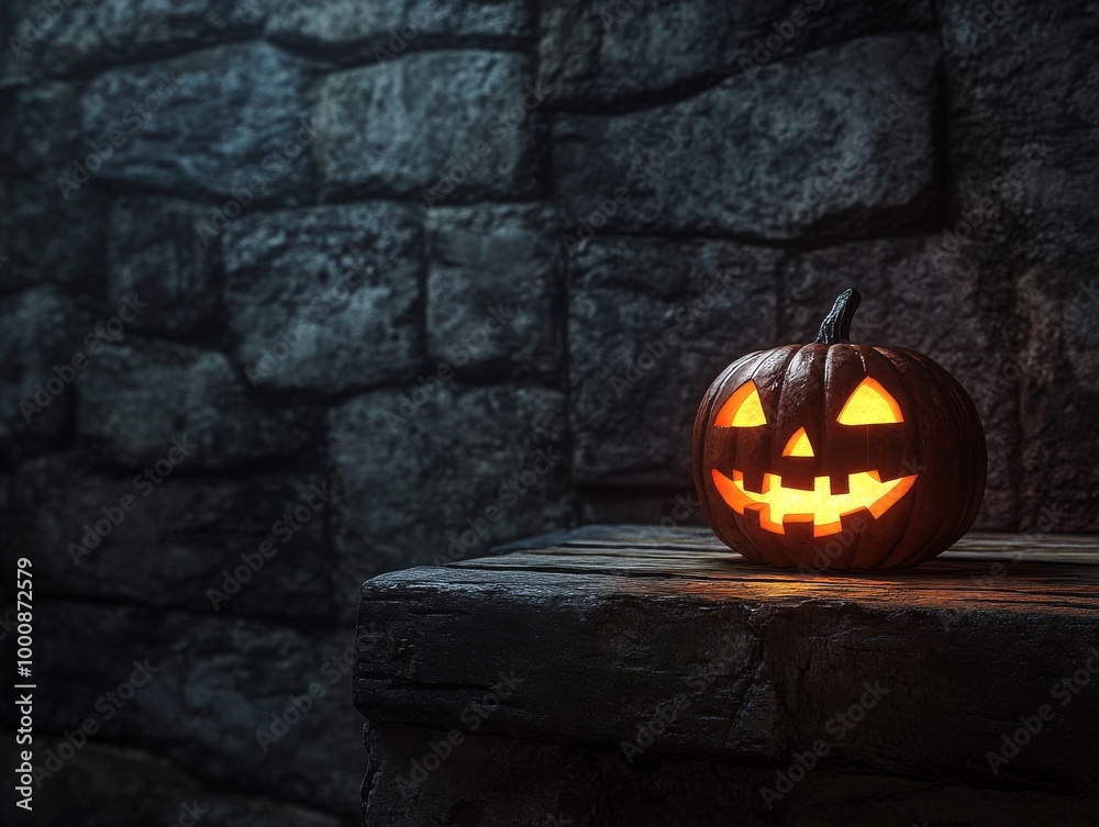 2408 17.A creepy Halloween night scene featuring a glowing Jack O ...